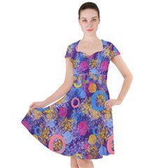 Multicolored Splashes And Watercolor Circles On A Dark Background Cap Sleeve Midi Dress by SychEva