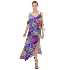 Multicolored Splashes And Watercolor Circles On A Dark Background Maxi Chiffon Cover Up Dress by SychEva