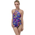 Multicolored Splashes And Watercolor Circles On A Dark Background Go with the Flow One Piece Swimsuit View1