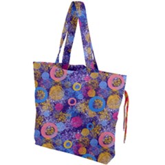 Multicolored Splashes And Watercolor Circles On A Dark Background Drawstring Tote Bag by SychEva