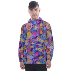 Multicolored Splashes And Watercolor Circles On A Dark Background Men s Front Pocket Pullover Windbreaker by SychEva