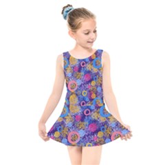 Multicolored Splashes And Watercolor Circles On A Dark Background Kids  Skater Dress Swimsuit by SychEva