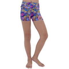 Multicolored Splashes And Watercolor Circles On A Dark Background Kids  Lightweight Velour Yoga Shorts by SychEva