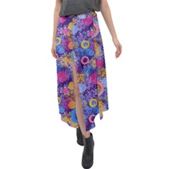 Multicolored Splashes And Watercolor Circles On A Dark Background Velour Split Maxi Skirt by SychEva