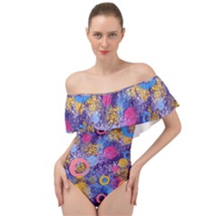 Multicolored Splashes And Watercolor Circles On A Dark Background Off Shoulder Velour Bodysuit  by SychEva