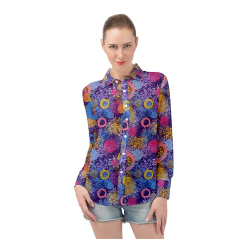 Multicolored Splashes And Watercolor Circles On A Dark Background Long Sleeve Chiffon Shirt by SychEva