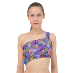 Multicolored Splashes And Watercolor Circles On A Dark Background Spliced Up Bikini Top  by SychEva