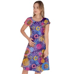 Multicolored Splashes And Watercolor Circles On A Dark Background Classic Short Sleeve Dress by SychEva