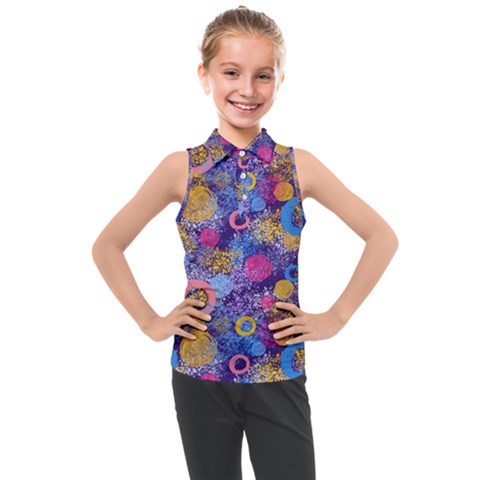 Multicolored Splashes And Watercolor Circles On A Dark Background Kids  Sleeveless Polo Tee by SychEva