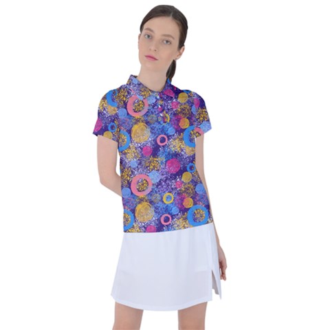 Multicolored Splashes And Watercolor Circles On A Dark Background Women s Polo Tee by SychEva