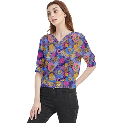 Multicolored Splashes And Watercolor Circles On A Dark Background Quarter Sleeve Blouse by SychEva