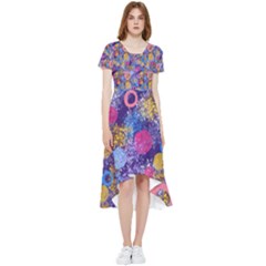 Multicolored Splashes And Watercolor Circles On A Dark Background High Low Boho Dress by SychEva