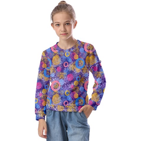 Multicolored Splashes And Watercolor Circles On A Dark Background Kids  Long Sleeve Tee With Frill  by SychEva