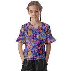 Multicolored Splashes And Watercolor Circles On A Dark Background Kids  V-neck Horn Sleeve Blouse