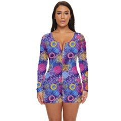 Multicolored Splashes And Watercolor Circles On A Dark Background Long Sleeve Boyleg Swimsuit by SychEva