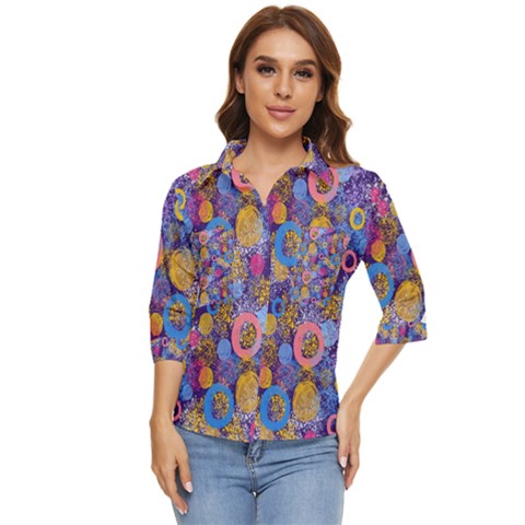 Multicolored Splashes And Watercolor Circles On A Dark Background Women s Quarter Sleeve Pocket Shirt by SychEva