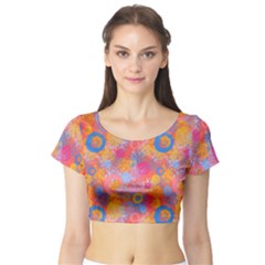 Multicolored Splashes And Watercolor Circles On A Dark Background Short Sleeve Crop Top by SychEva