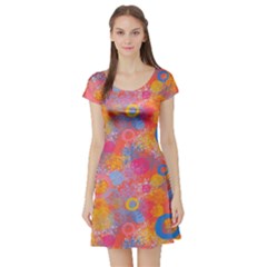 Multicolored Splashes And Watercolor Circles On A Dark Background Short Sleeve Skater Dress by SychEva