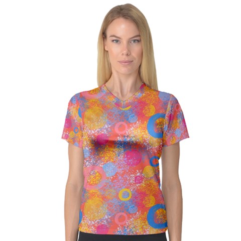 Multicolored Splashes And Watercolor Circles On A Dark Background V-neck Sport Mesh Tee by SychEva