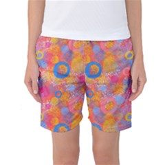 Multicolored Splashes And Watercolor Circles On A Dark Background Women s Basketball Shorts by SychEva