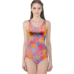 Multicolored Splashes And Watercolor Circles On A Dark Background One Piece Swimsuit by SychEva