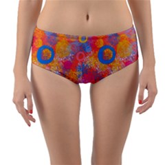 Multicolored Splashes And Watercolor Circles On A Dark Background Reversible Mid-waist Bikini Bottoms by SychEva