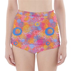 Multicolored Splashes And Watercolor Circles On A Dark Background High-waisted Bikini Bottoms by SychEva