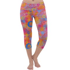 Multicolored Splashes And Watercolor Circles On A Dark Background Capri Yoga Leggings by SychEva