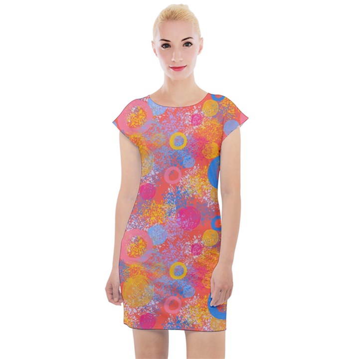 Multicolored Splashes And Watercolor Circles On A Dark Background Cap Sleeve Bodycon Dress