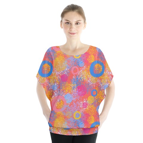 Multicolored Splashes And Watercolor Circles On A Dark Background Batwing Chiffon Blouse by SychEva