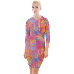 Multicolored Splashes And Watercolor Circles On A Dark Background Quarter Sleeve Hood Bodycon Dress by SychEva