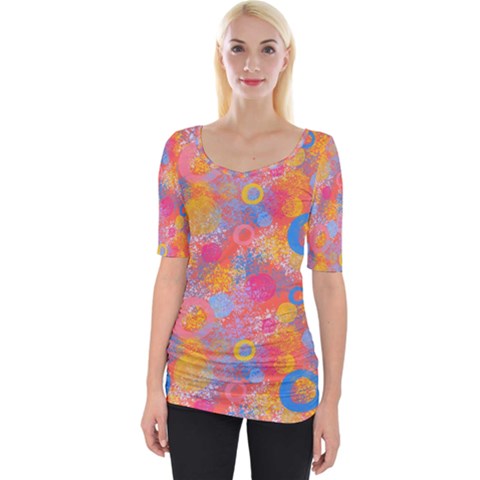 Multicolored Splashes And Watercolor Circles On A Dark Background Wide Neckline Tee by SychEva