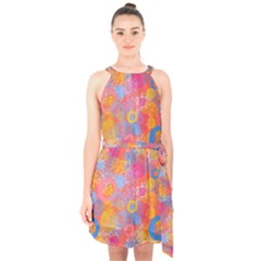 Multicolored Splashes And Watercolor Circles On A Dark Background Halter Collar Waist Tie Chiffon Dress by SychEva