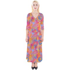 Multicolored Splashes And Watercolor Circles On A Dark Background Quarter Sleeve Wrap Maxi Dress by SychEva