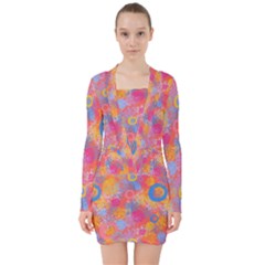 Multicolored Splashes And Watercolor Circles On A Dark Background V-neck Bodycon Long Sleeve Dress by SychEva