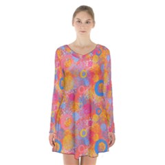 Multicolored Splashes And Watercolor Circles On A Dark Background Long Sleeve Velvet V-neck Dress by SychEva