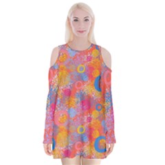 Multicolored Splashes And Watercolor Circles On A Dark Background Velvet Long Sleeve Shoulder Cutout Dress by SychEva