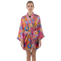 Multicolored Splashes And Watercolor Circles On A Dark Background Long Sleeve Satin Kimono by SychEva