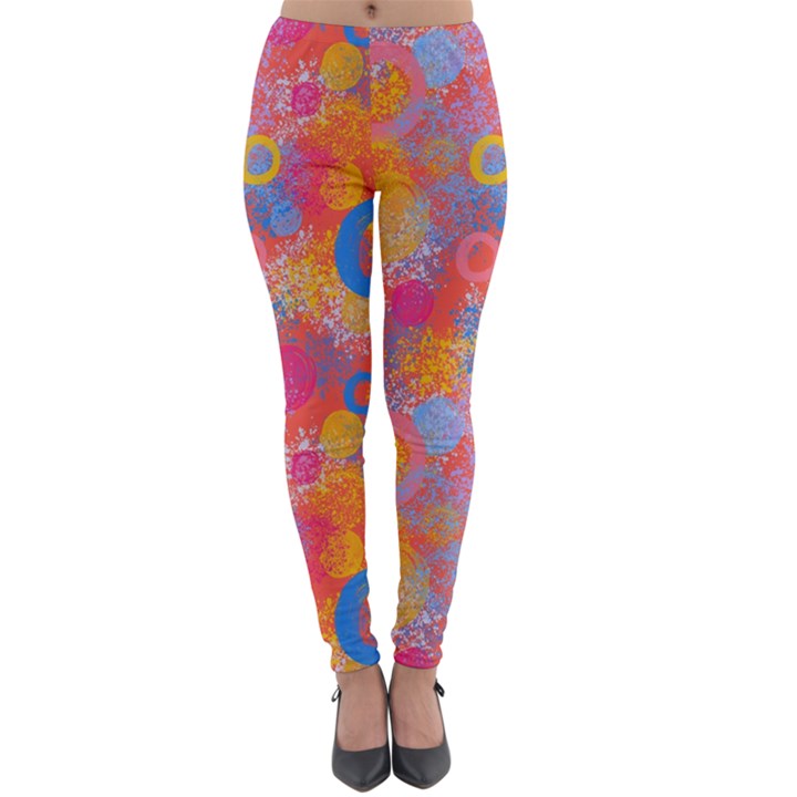 Multicolored Splashes And Watercolor Circles On A Dark Background Lightweight Velour Leggings