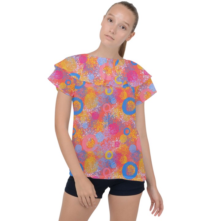 Multicolored Splashes And Watercolor Circles On A Dark Background Ruffle Collar Chiffon Blouse