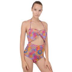 Multicolored Splashes And Watercolor Circles On A Dark Background Scallop Top Cut Out Swimsuit by SychEva