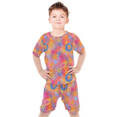 Multicolored Splashes And Watercolor Circles On A Dark Background Kids  Tee And Shorts Set by SychEva