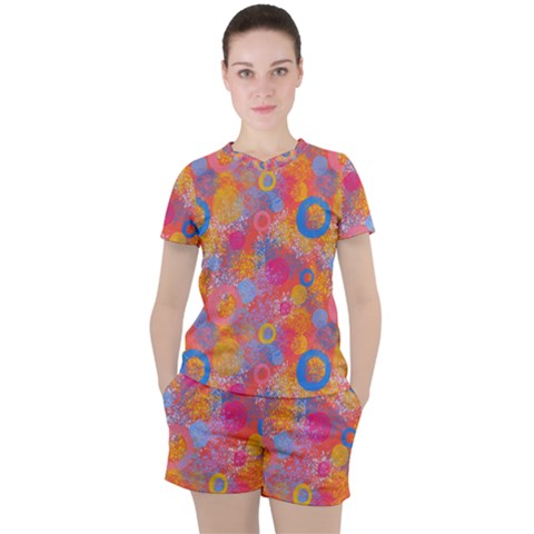 Multicolored Splashes And Watercolor Circles On A Dark Background Women s Tee And Shorts Set by SychEva