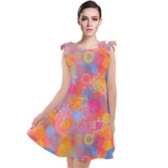 Multicolored Splashes And Watercolor Circles On A Dark Background Tie Up Tunic Dress by SychEva