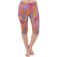 Multicolored Splashes And Watercolor Circles On A Dark Background Lightweight Velour Cropped Yoga Leggings by SychEva