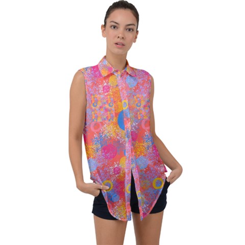 Multicolored Splashes And Watercolor Circles On A Dark Background Sleeveless Chiffon Button Shirt by SychEva