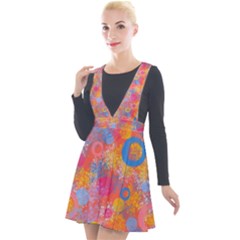 Multicolored Splashes And Watercolor Circles On A Dark Background Plunge Pinafore Velour Dress by SychEva