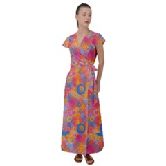 Multicolored Splashes And Watercolor Circles On A Dark Background Flutter Sleeve Maxi Dress by SychEva