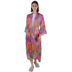 Multicolored Splashes And Watercolor Circles On A Dark Background Maxi Satin Kimono by SychEva