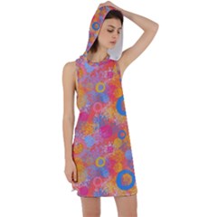 Multicolored Splashes And Watercolor Circles On A Dark Background Racer Back Hoodie Dress by SychEva